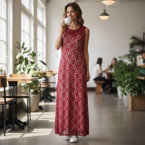 Red Maxi Dress Lace Long Large holiday